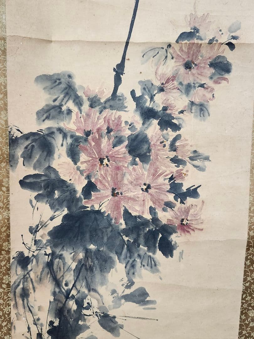 花図 掛け軸 肉筆 作者不詳 古画 水墨画 絹装 表具付 アンティーク 書画