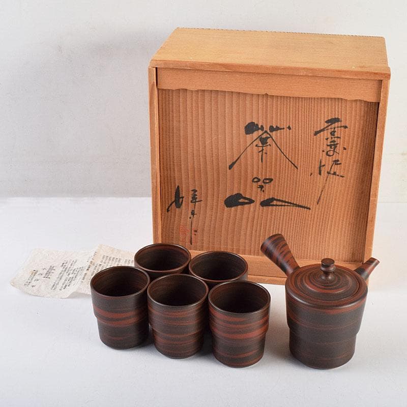 煎茶道具　常滑焼　小西洋平作　窯変　茶器　急須　煎茶碗　五客　共箱　MR9434