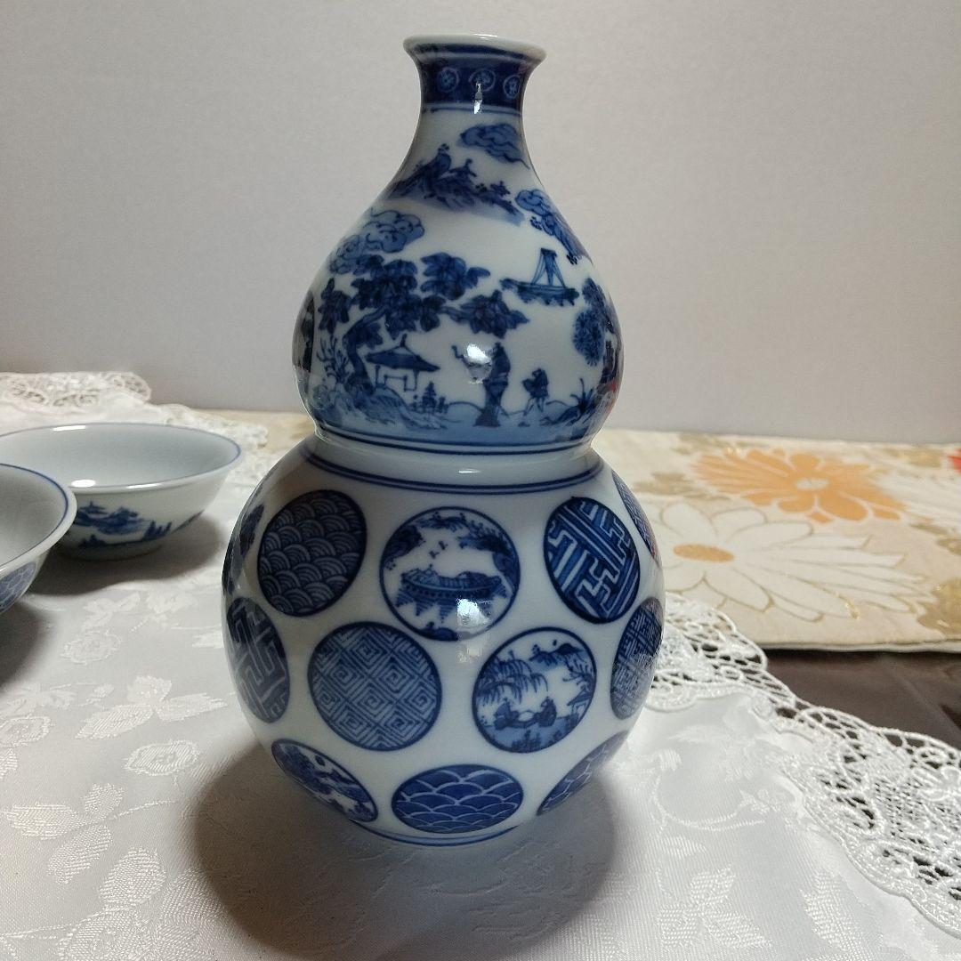 希少品　京焼　清水焼　北村賀善　祥瑞丸紋　徳利と盃　5客