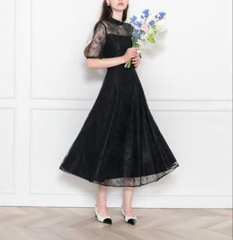 LEJA　ハイネック花柄レースウエストマーク透けロングドレスワンピース