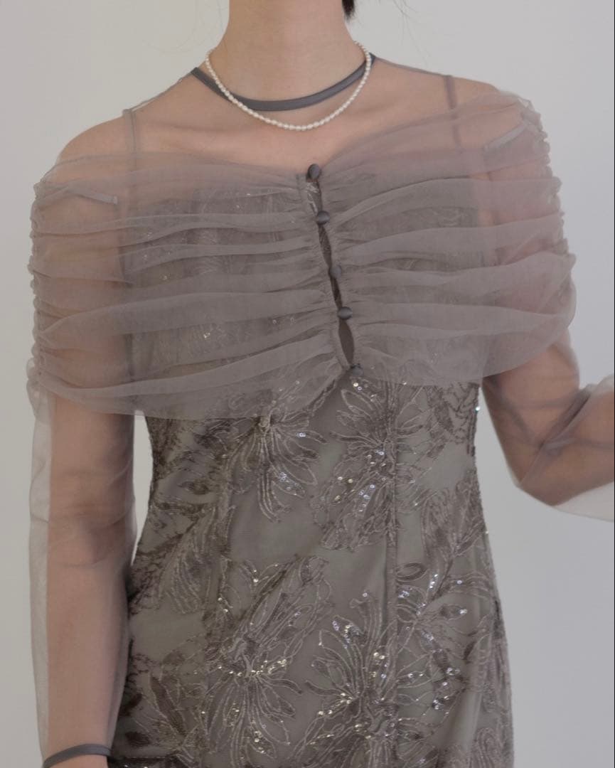 LEJA チュールオフショルダー花柄Iラインドレスワンピース