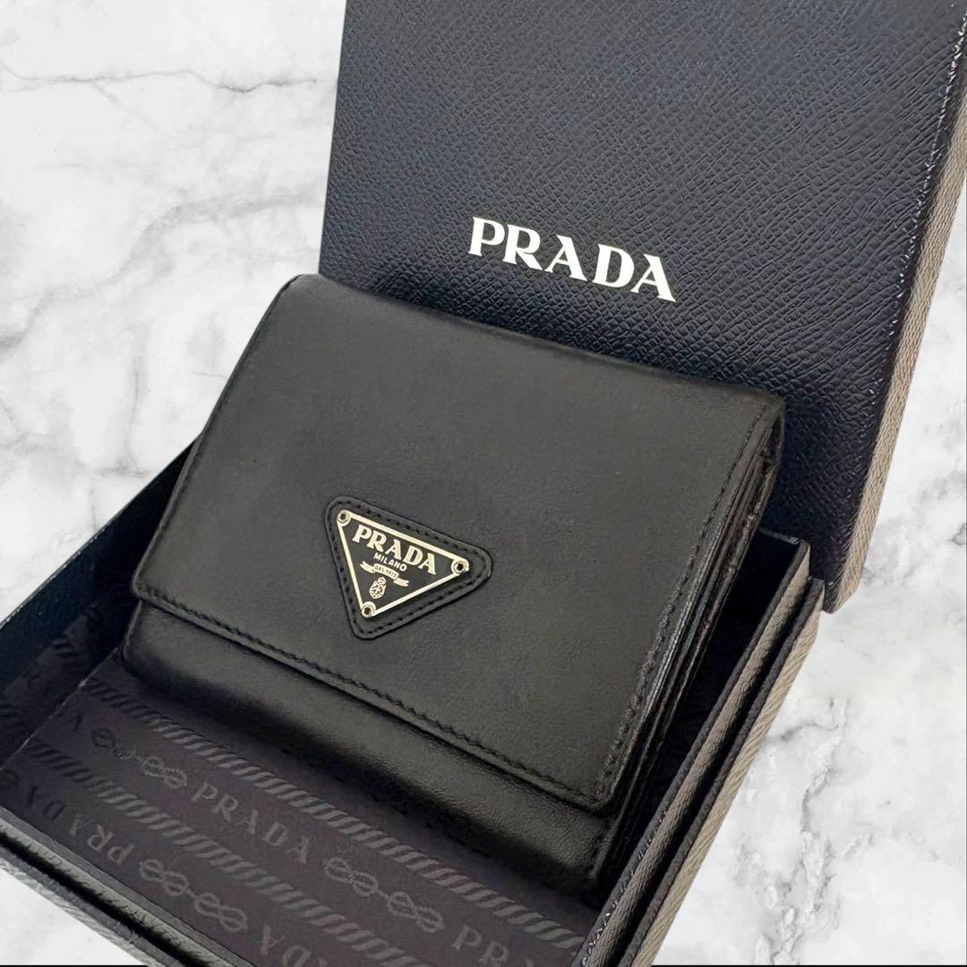 極美品✨ PRADA プラダ 三つ折り財布 オールレザー ブラック 黒