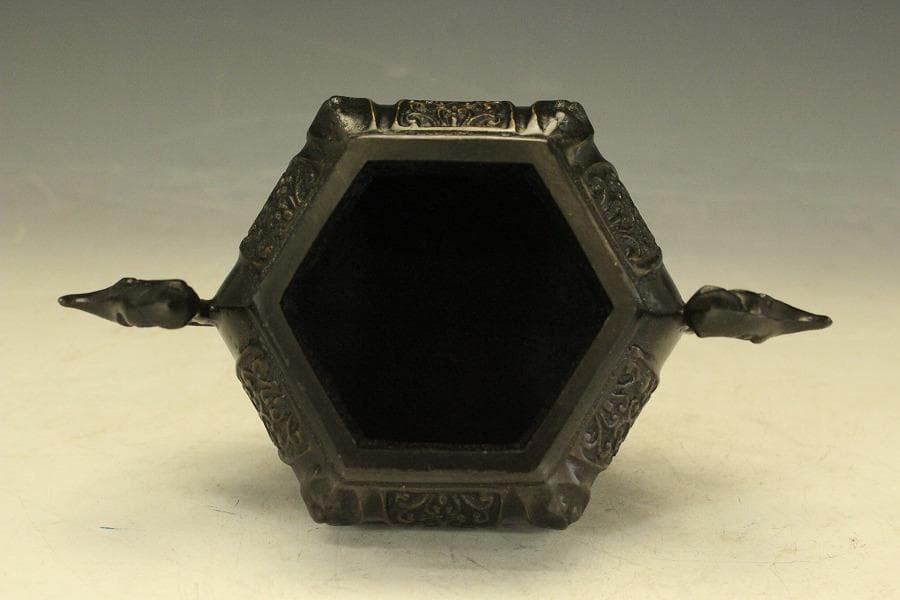 銅製 六角 象足 獅子蓋 香炉 未使用 共箱(LC790)