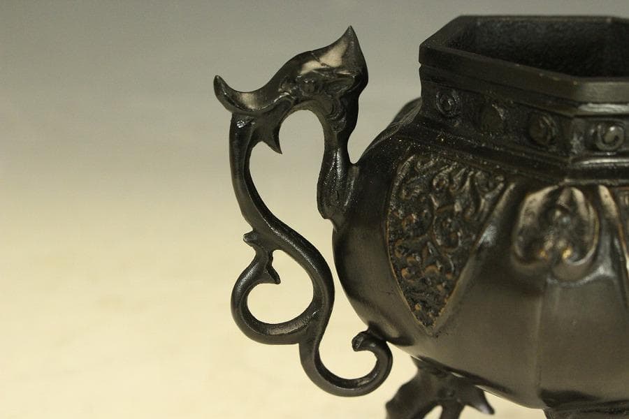 銅製 六角 象足 獅子蓋 香炉 未使用 共箱(LC790)