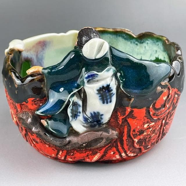 【希少】隅田焼 高浮彫人物立体造形焼物 明治期 ボウル トレイ 深皿 井上良斎