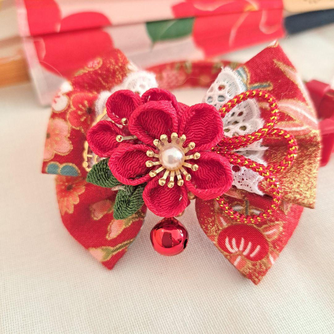 ダブルリボン、和風つまみ細工(赤①)わんちゃん猫ちゃん用首輪