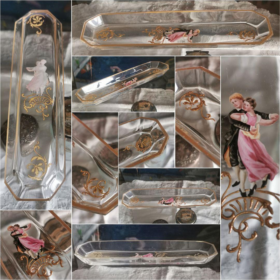 アンティーク ロブマイヤー 手描きエナメル盛上げ金彩 ペアのダンス 八面体トレイ