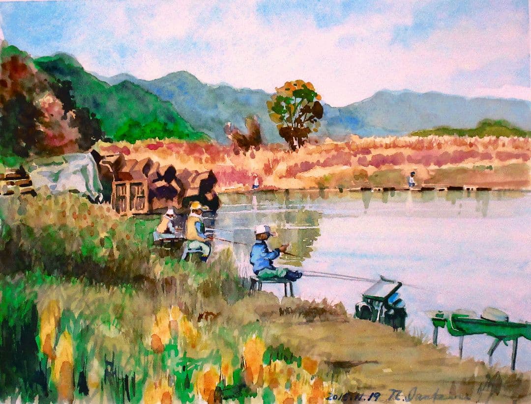 水彩画 釣りの風景 2019年 フレーム付き F6サイズ 原画
