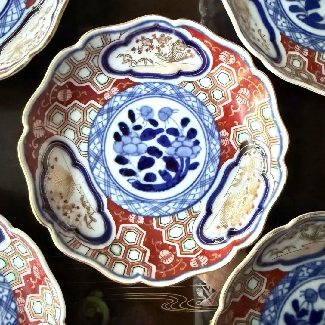 超限定2日20時迄❣旧家蔵出江戸期最上手牡丹と亀甲❌松竹梅大聖寺伊万里小皿5客