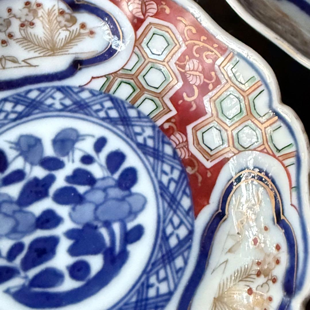 超限定2日20時迄❣旧家蔵出江戸期最上手牡丹と亀甲❌松竹梅大聖寺伊万里小皿5客