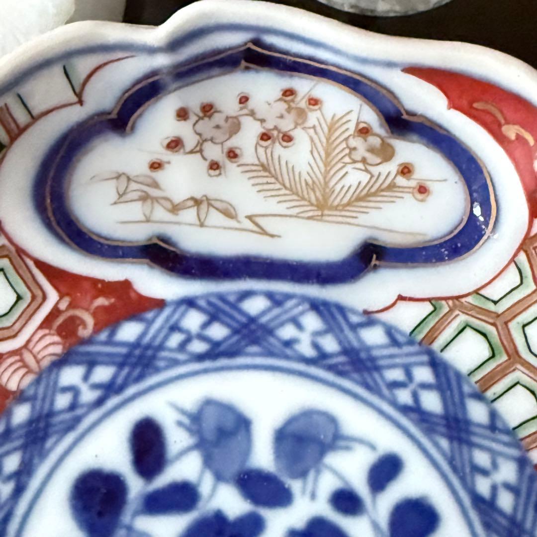 超限定2日20時迄❣旧家蔵出江戸期最上手牡丹と亀甲❌松竹梅大聖寺伊万里小皿5客
