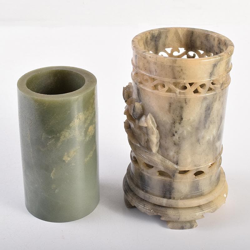 中国　玉石彫刻　蓮刻　玉器　筆筒　二点まとめて　C　R7634