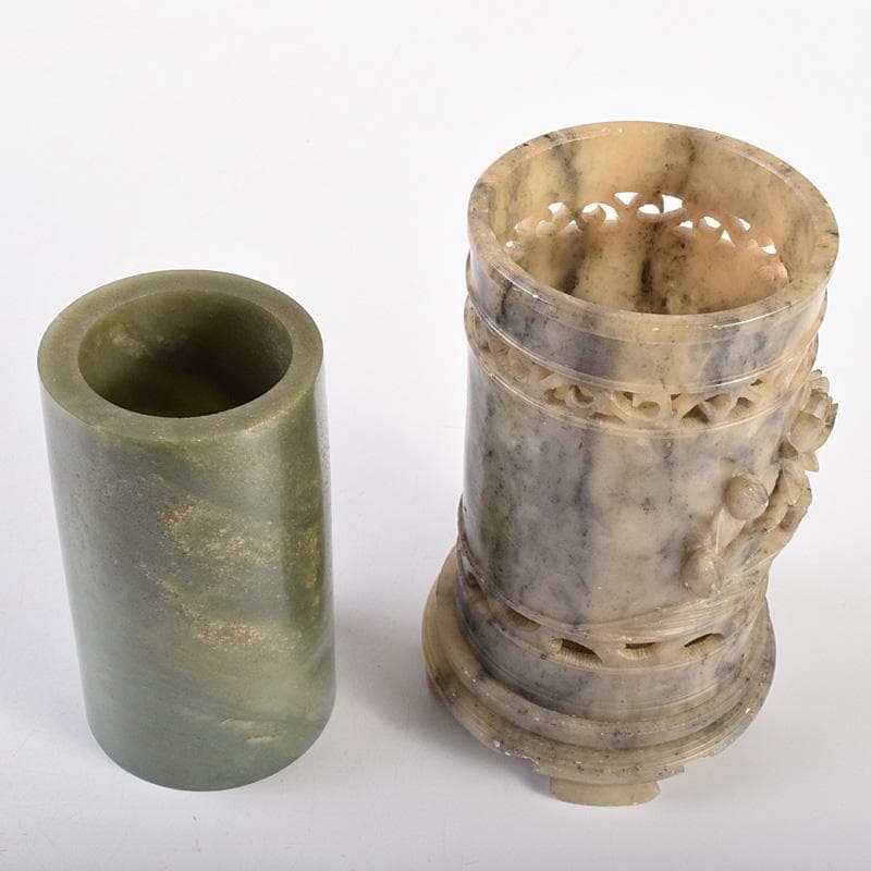 中国　玉石彫刻　蓮刻　玉器　筆筒　二点まとめて　C　R7634