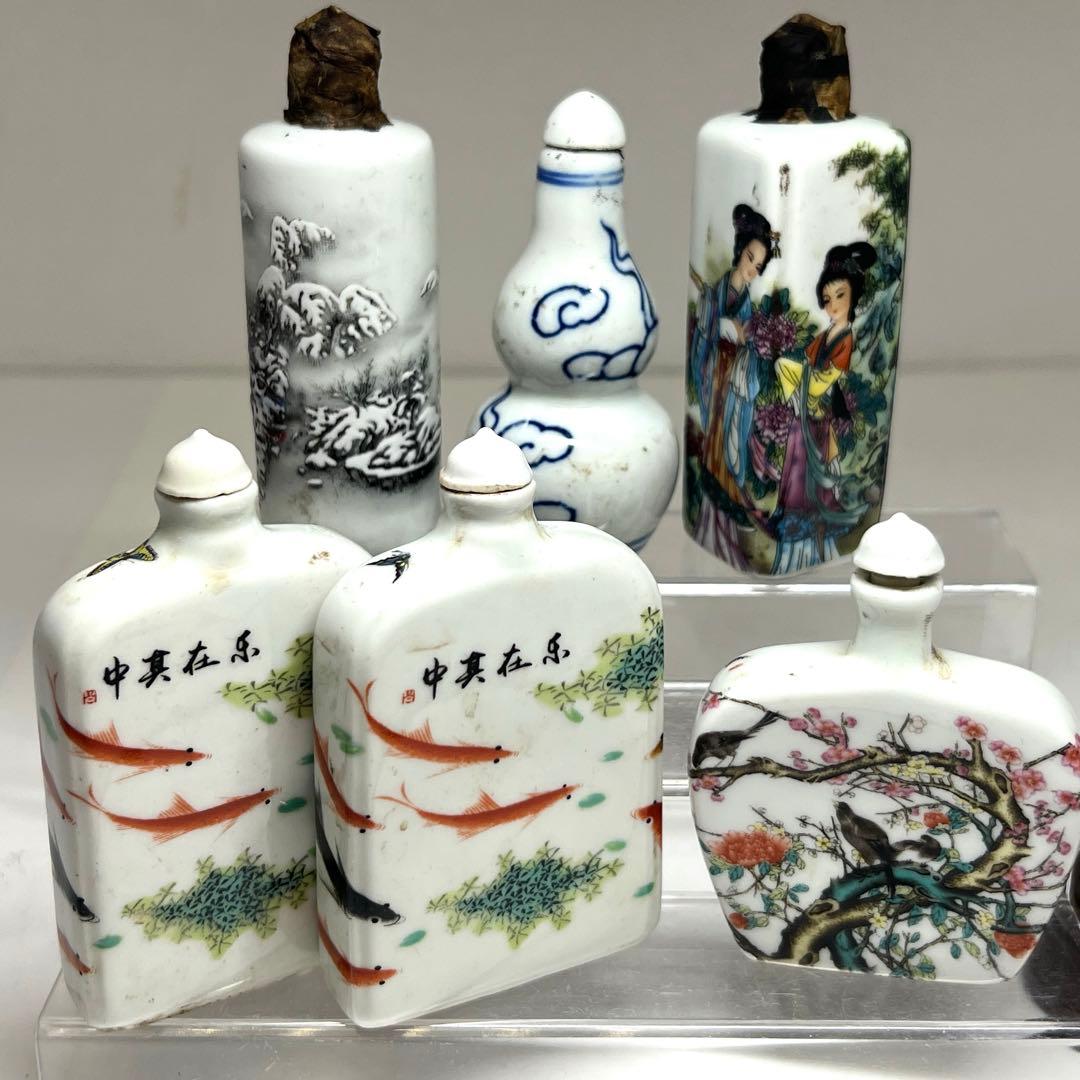 中国古玩　粉彩鼻煙香　6点と台1点　高さ約7~9.5㎝　東Y7-0512①タサオ