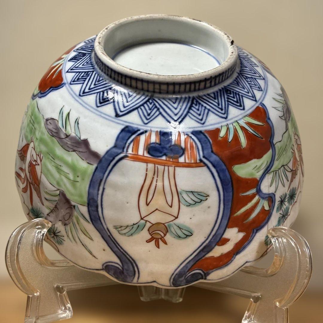 大鉢　色絵　輪花器　波型の青赤花模様菓子器