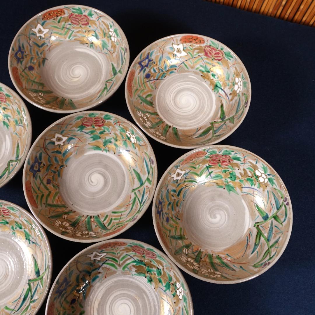 尾形乾山写 京焼名工 馬場京泉 色絵金彩 高台皿 8客