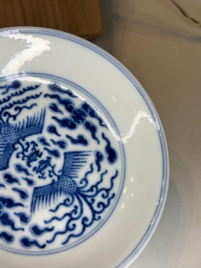 中国清代　青花染付　対頭鳳紋皿　大清道光年制　共箱共布　古陶磁　中国古美術骨董品