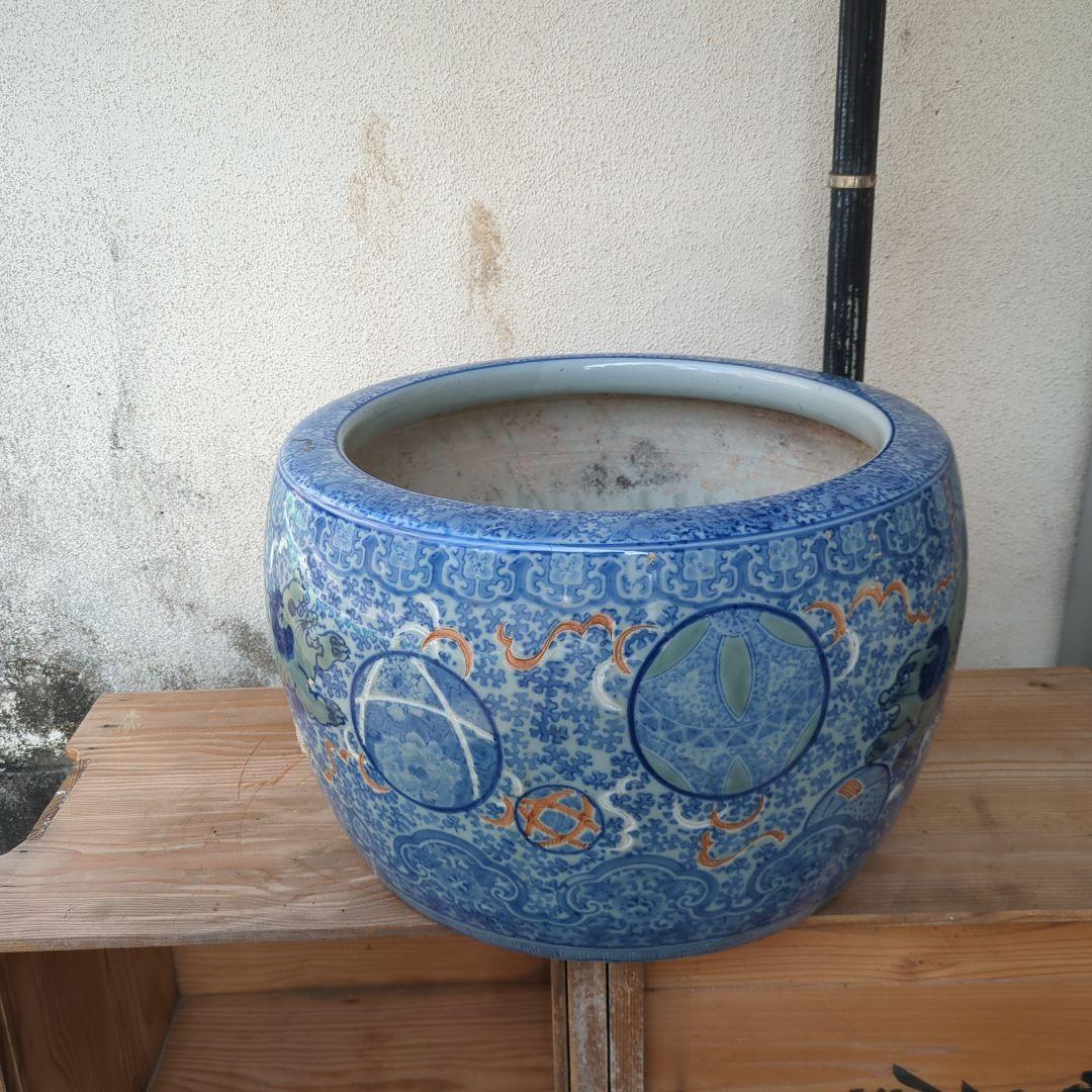 骨董 大型 火鉢 伊万里 染め付け 丸紋 睡蓮鉢 金魚 メダカ 鉢カバー