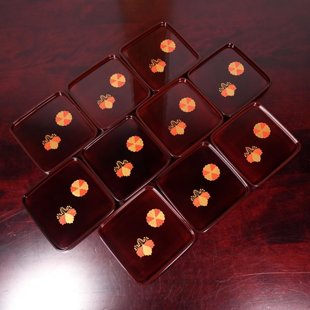 輪島塗 溜塗 高台寺蒔絵 角皿 10客 天然木製漆器