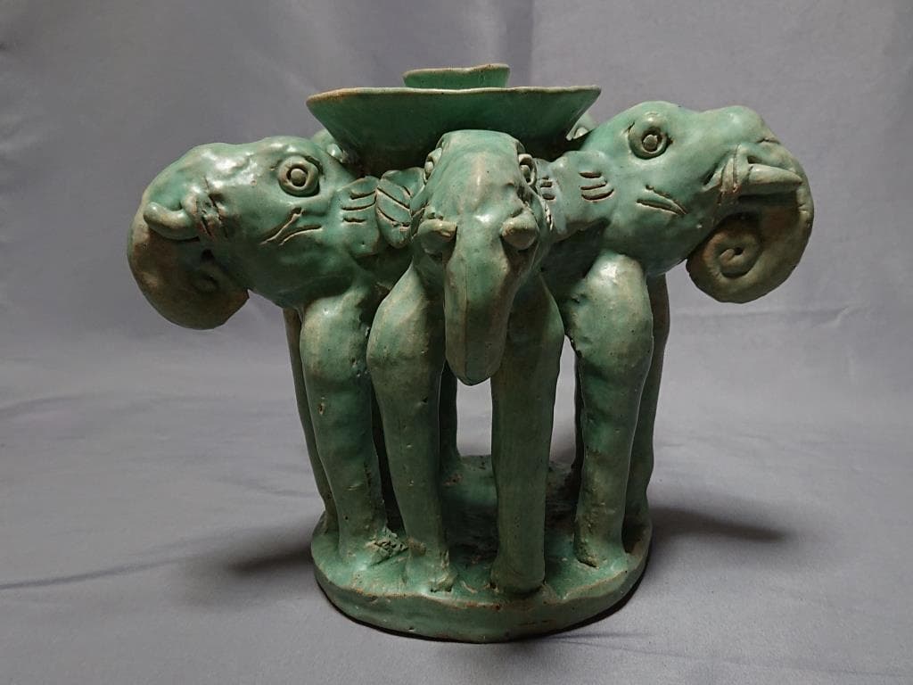 コレクター収集　　ミヤンマー　モン族　緑釉　五象燭台　15～16世紀