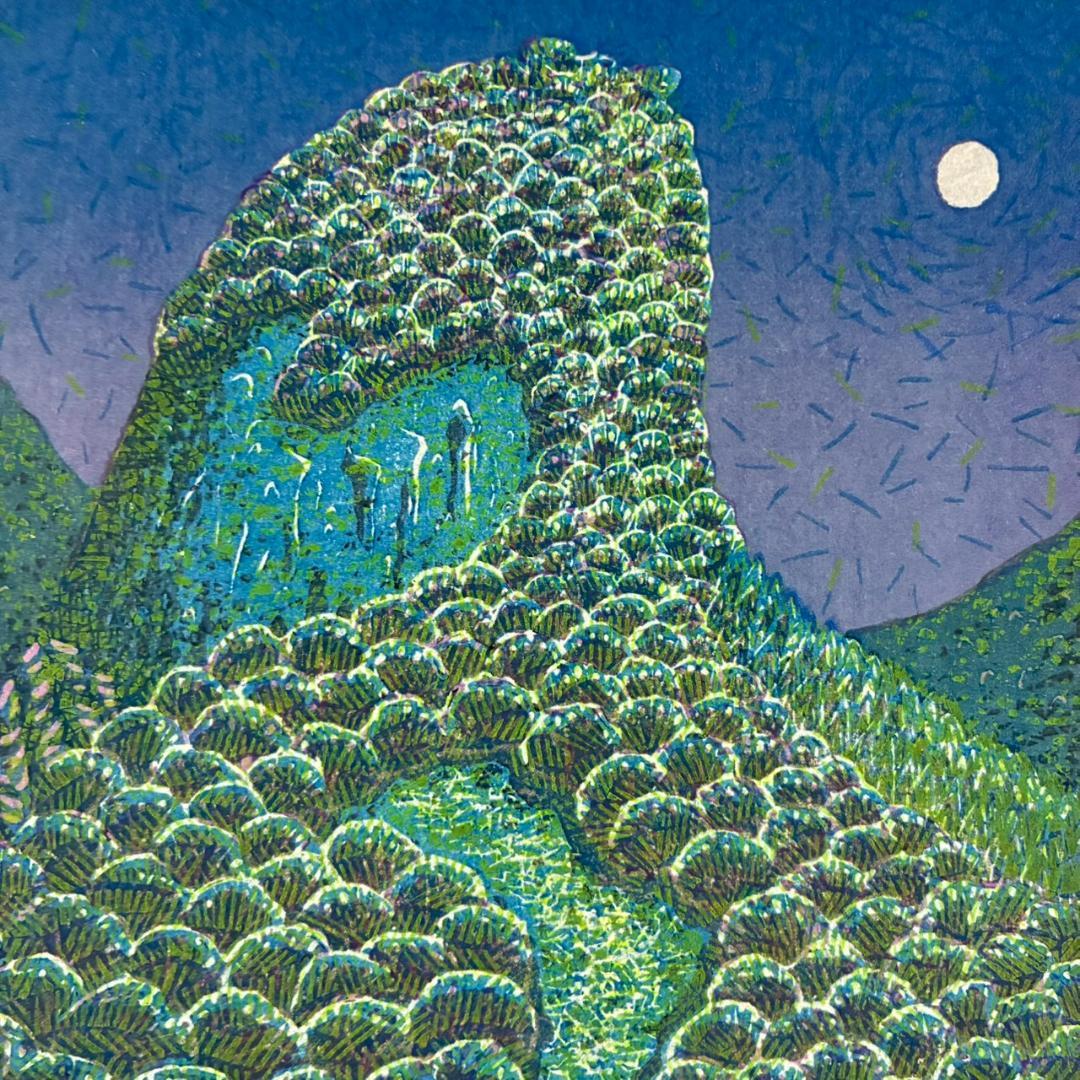 美品 牧野宗則「青い月」木版画 1987年制作 直筆サイン入り 額縁入り人気作家