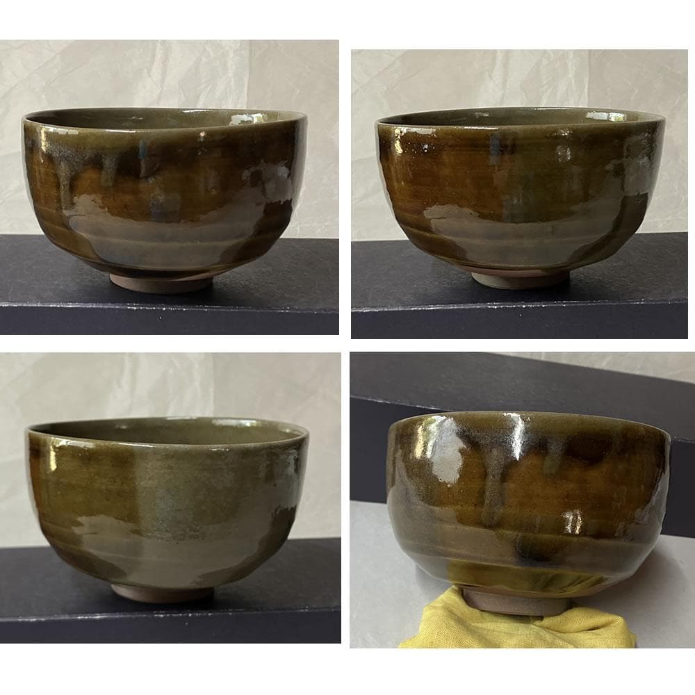 y052 真葛 作 虫明焼 分釉茶碗 合わせ箱 掛分茶碗 抹茶碗 茶道具