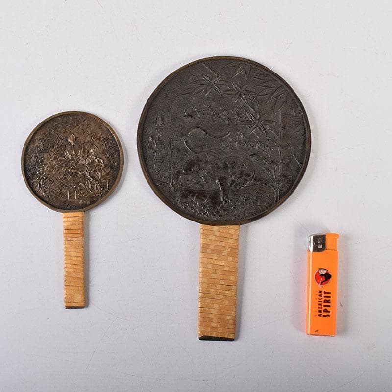 古銅青銅　藤原吉重造　竹虎図　藤原定次造　花図　銅鏡　柄鏡　2点　V　R8011