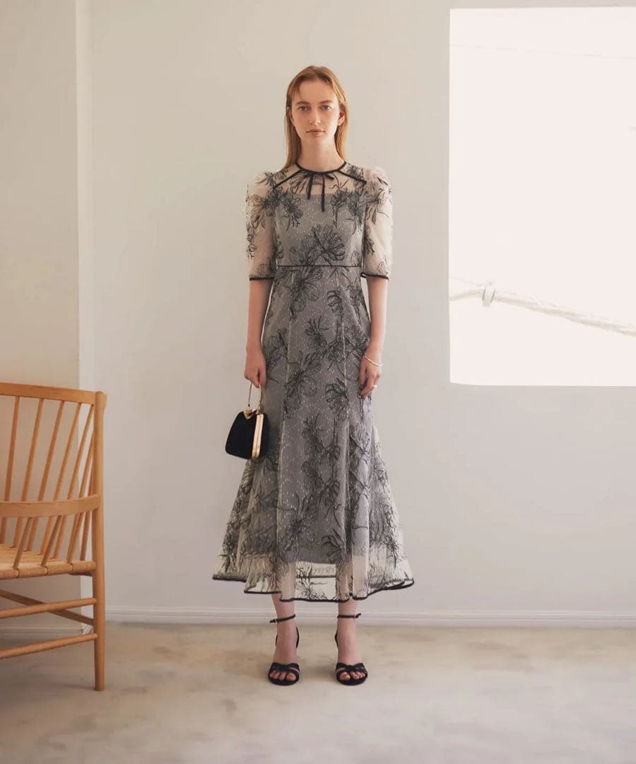 LEJA 花柄リボンパフスリーブマーメイドワンピースドレス M