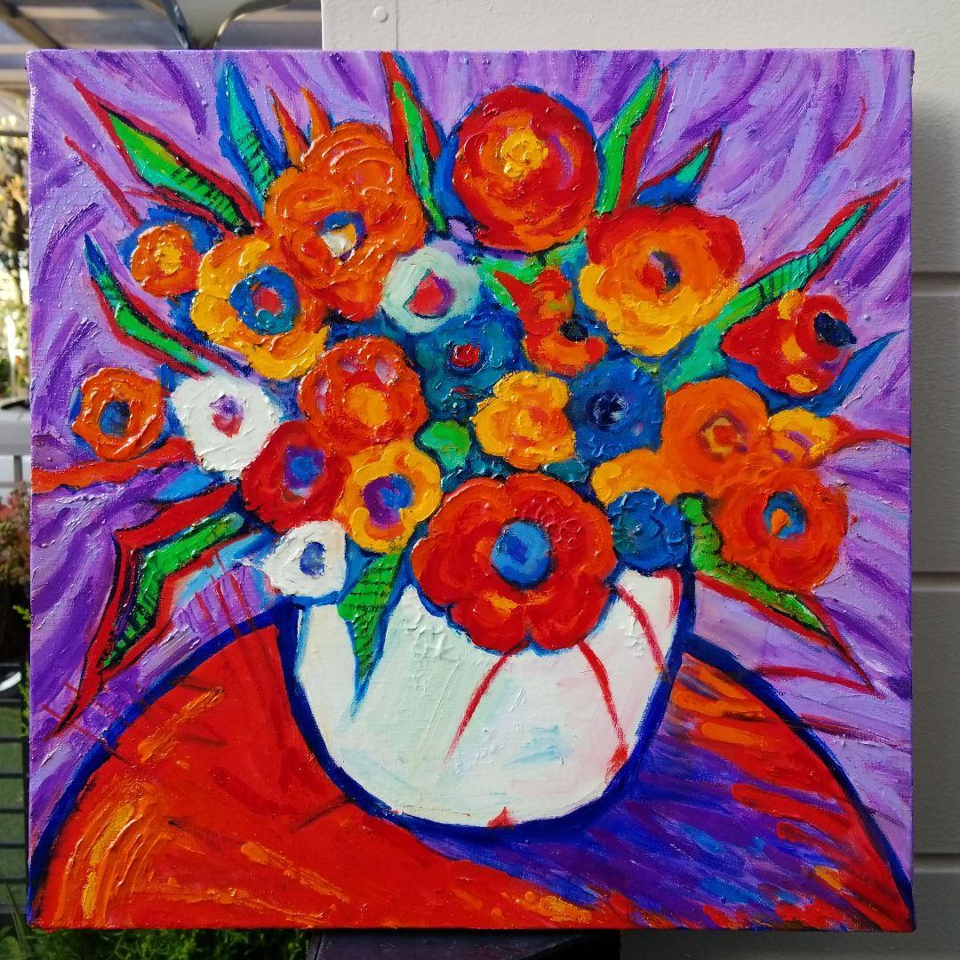 油絵　専用　赤いテーブルに置いた花瓶のお花　 抽象画