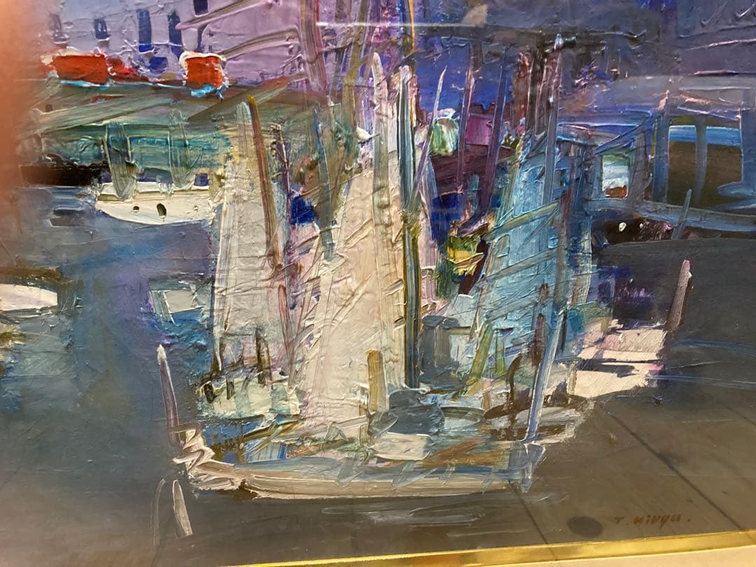 【額装/ガラス入】桐生照子『白い帆船』マリーナ風景 絵画（技法不詳）ヨット