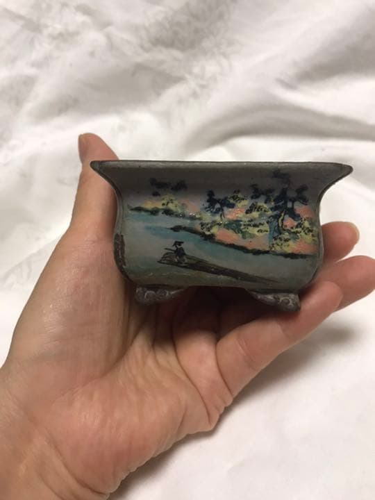 盆栽鉢　時代希少名工陶翠絵付け五彩色隅入り袋長方鉢泥鉢ミニ盆栽鉢豆鉢高級鉢木箱入