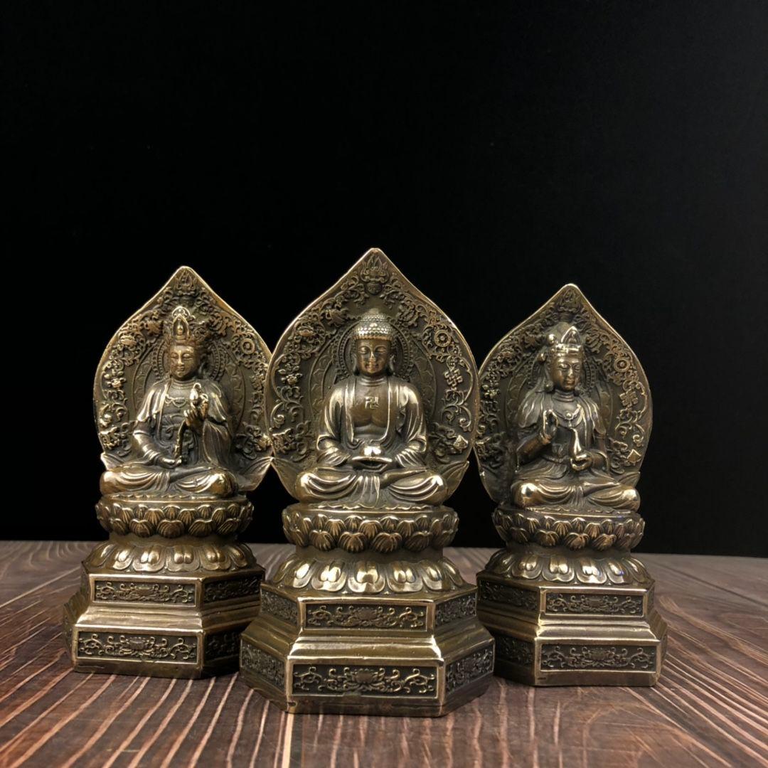 仏教美術 西方三聖坐像 地蔵 菩薩 観音 銅製 仏像 彫刻 置物 開運 風水