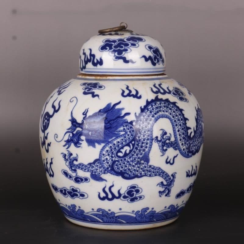 清康熙鯖双龍戯珠紋蓋缶 景徳鎮 陶磁器 装飾品 現代工芸品 美術品 置物