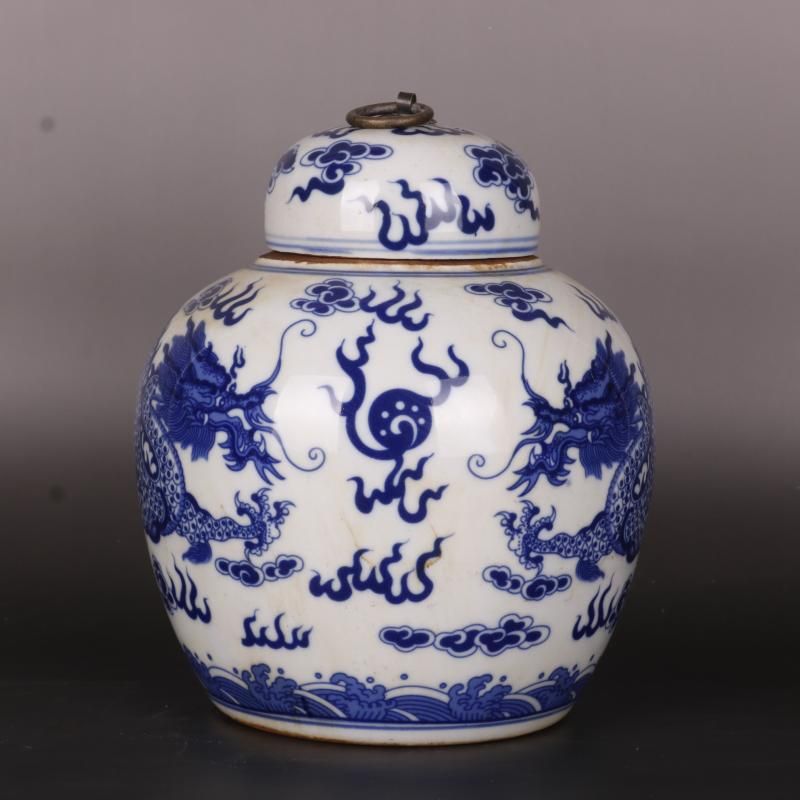 清康熙鯖双龍戯珠紋蓋缶 景徳鎮 陶磁器 装飾品 現代工芸品 美術品 置物