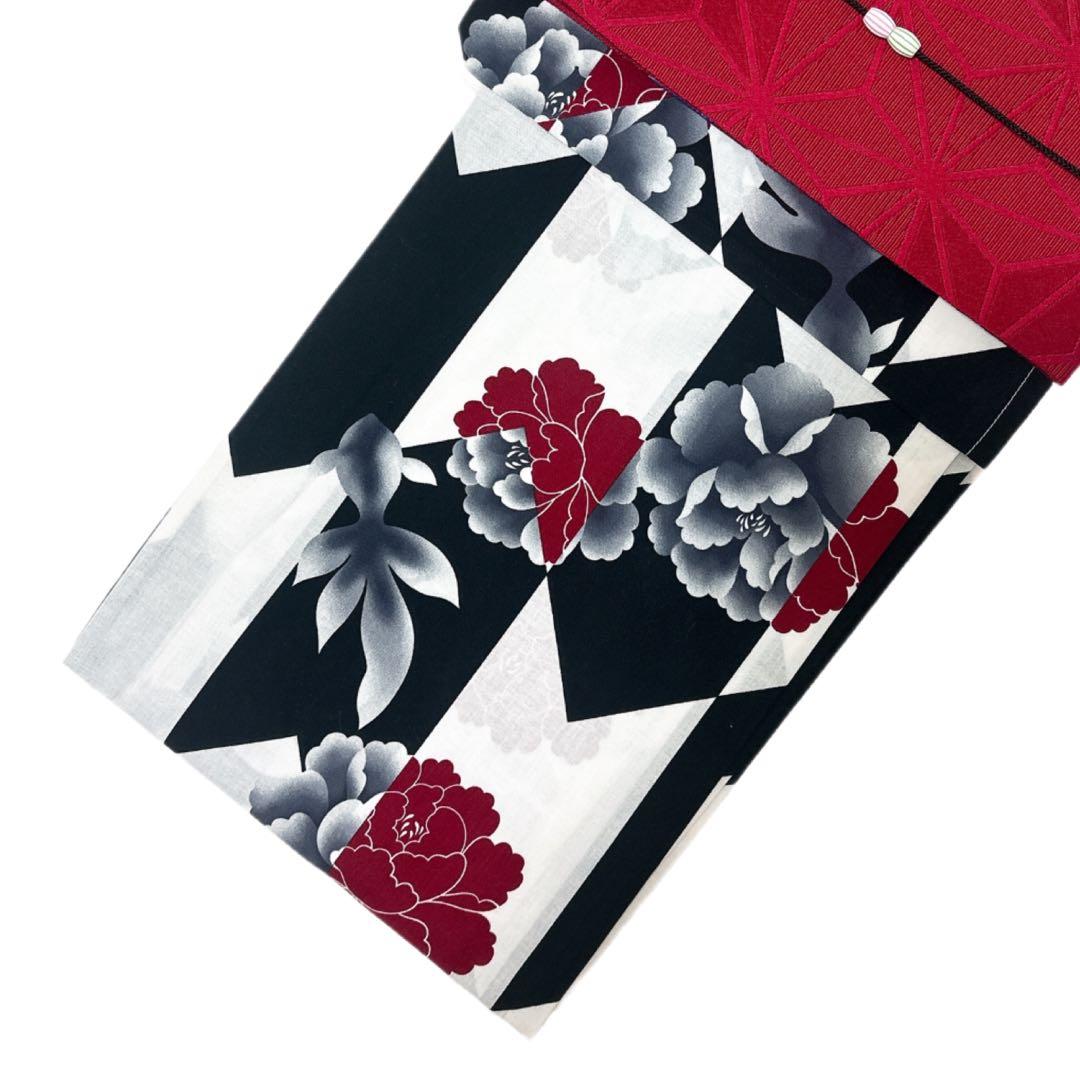 SALE 浴衣ジェンヌ 浴衣5点セット 黒×白 矢絣 矢羽 半幅帯 下駄 赤