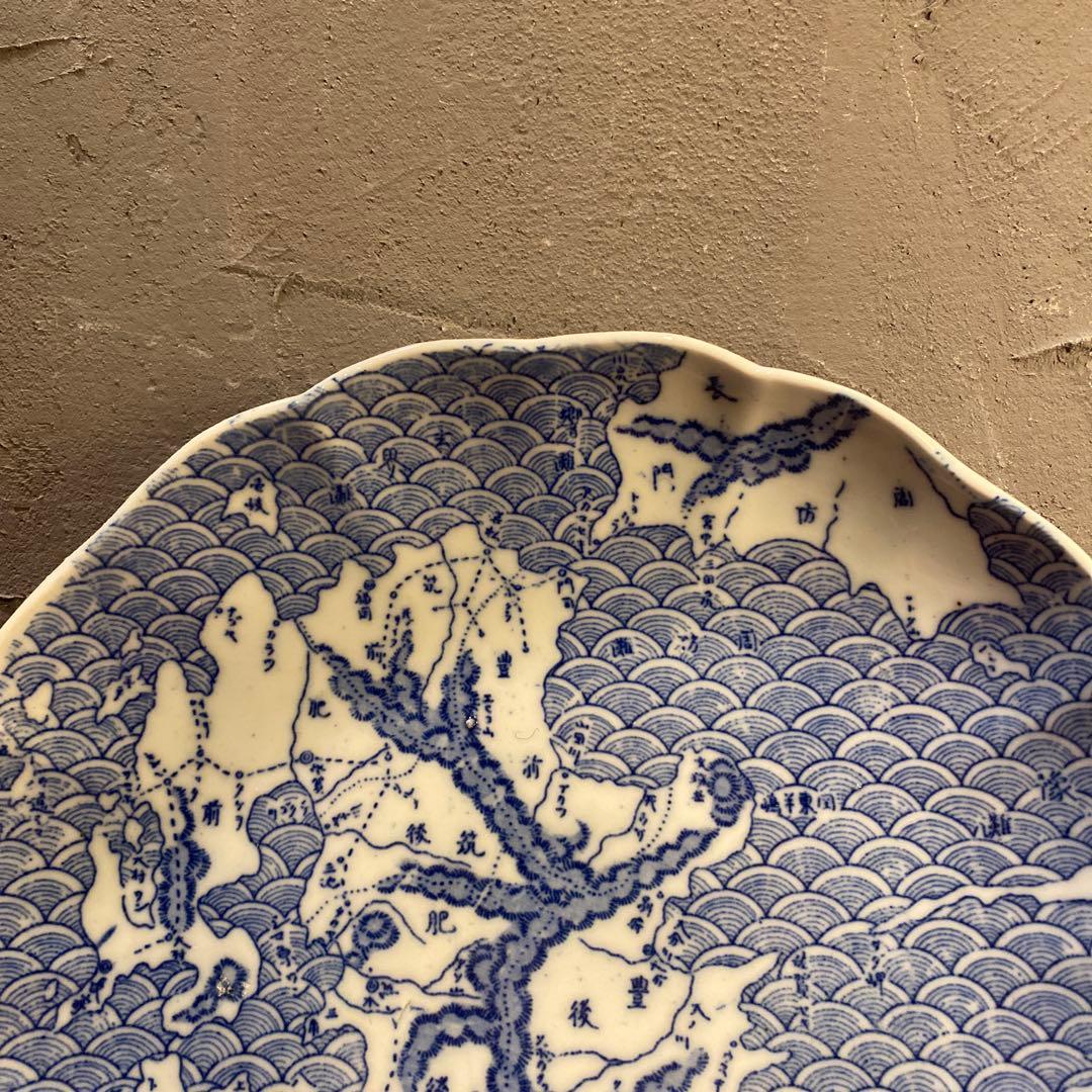 明治 骨董印判皿 22cm 九州地図柄 鉄道路線図 コレクション 稀少