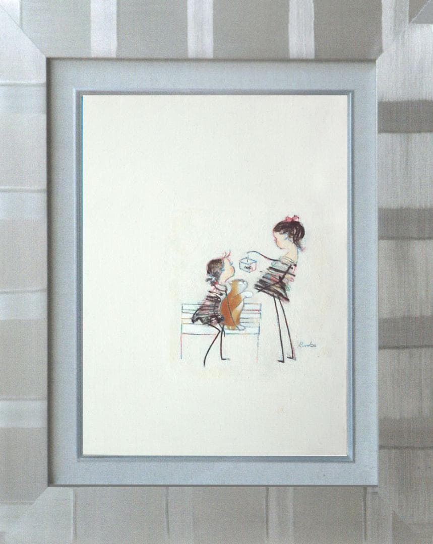 油絵 菅家令子 絵 絵画インテリア 額付(黒) F4-030219 子猫犬女の子