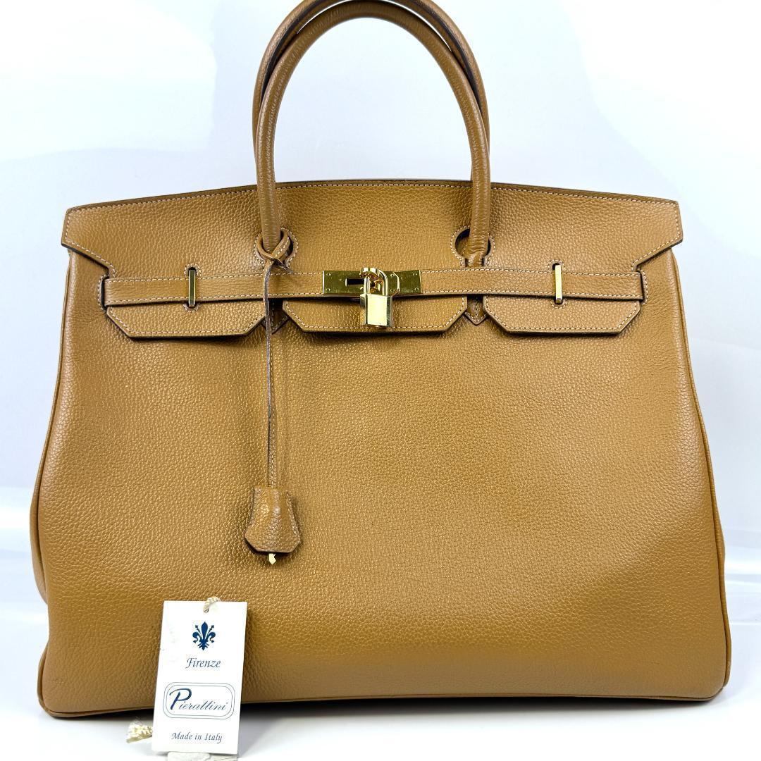 美品 本革 ハンドバッグ キャメル フラップ 嘉手納 鍵 ベルト レザー