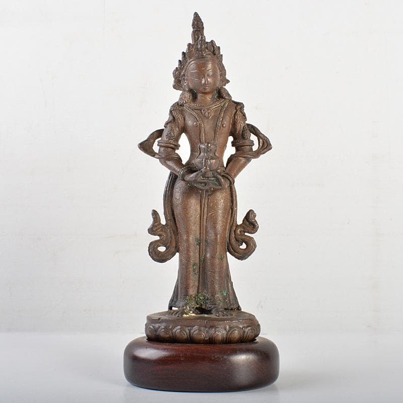仏教美術　古銅　チベット仏　仏像　置物　唐木台付　M　R7126