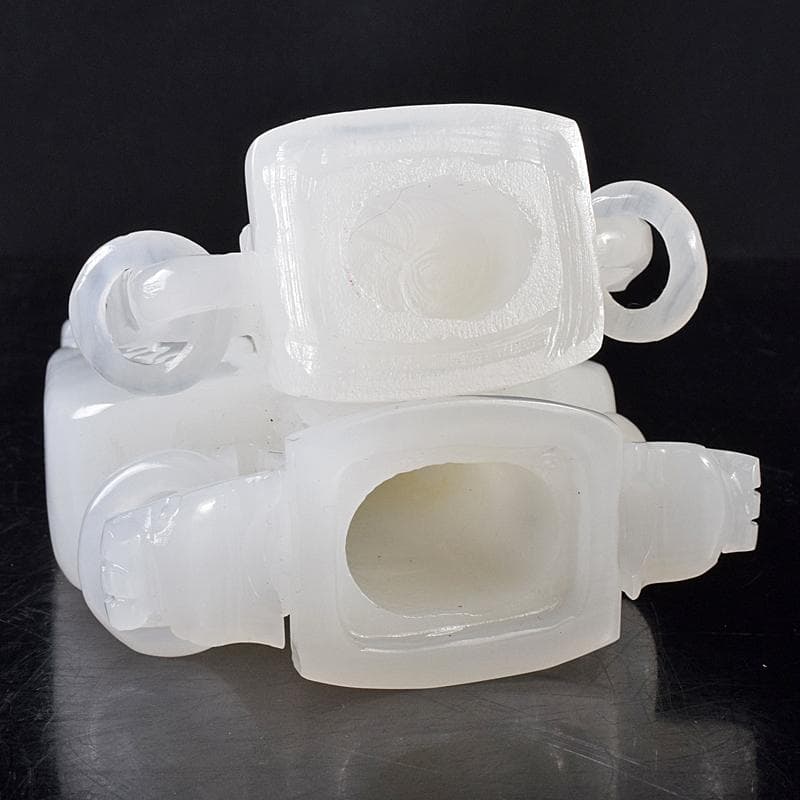 中国　玉石白玉彫刻　隻耳活環　飾壷　V　R7969