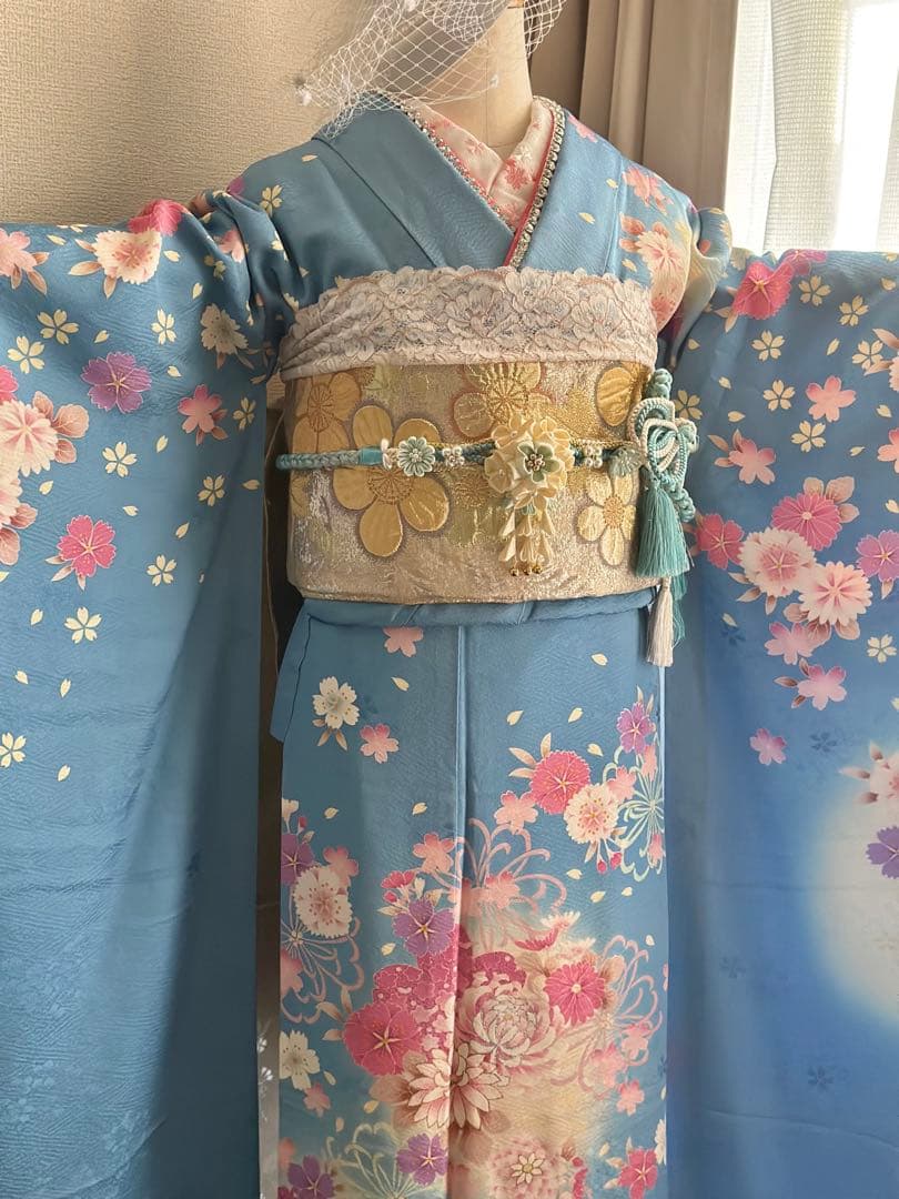 水色 花柄 振袖 フルセット