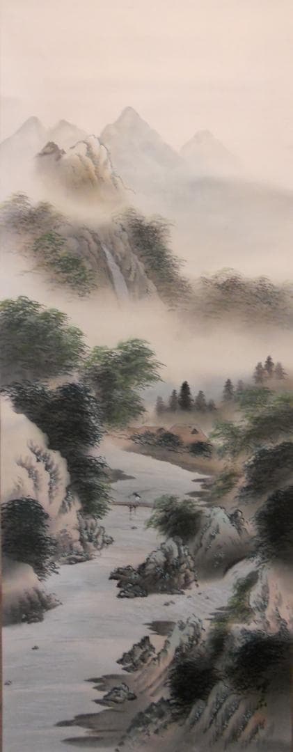 掛け軸 暁香 彩色山水之図 絹本 希少 軸装 茶道具 掛軸 美品 です。