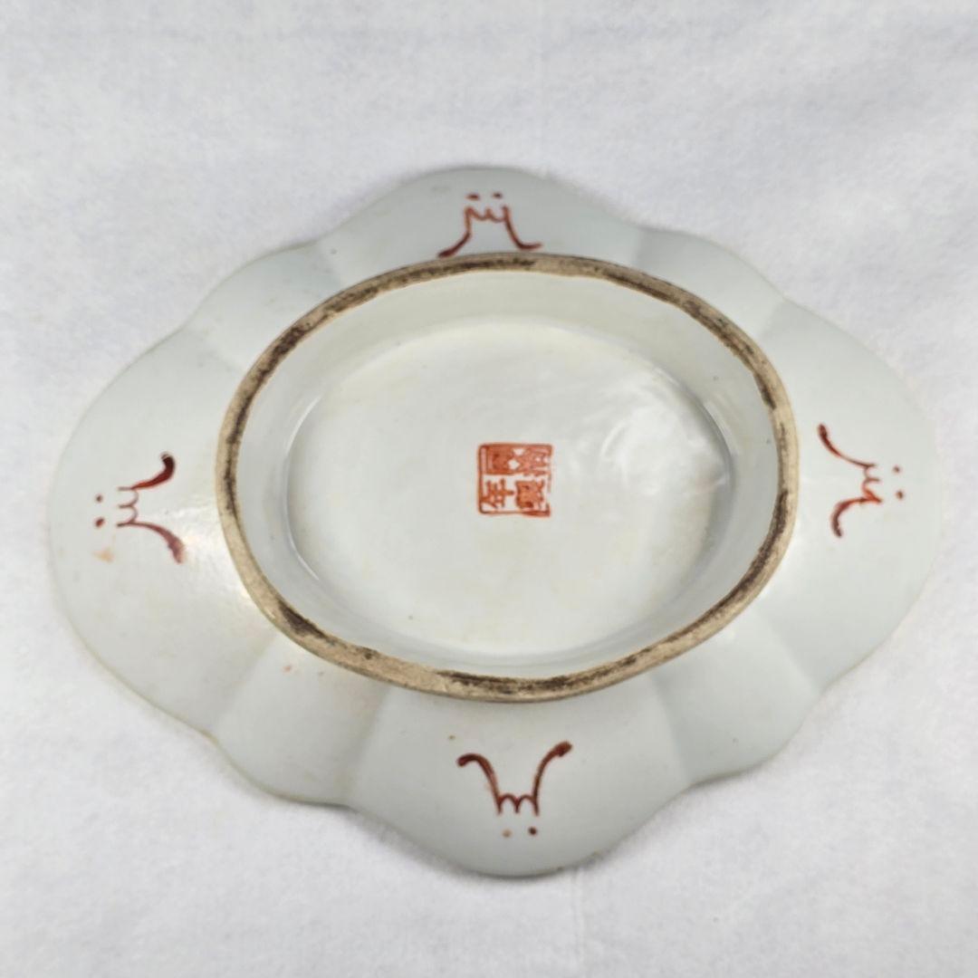 骨董 中国古磁 粉彩 手絵 絡枝花卉紋 三星送子図 如意大皿 清同治在銘 超美品