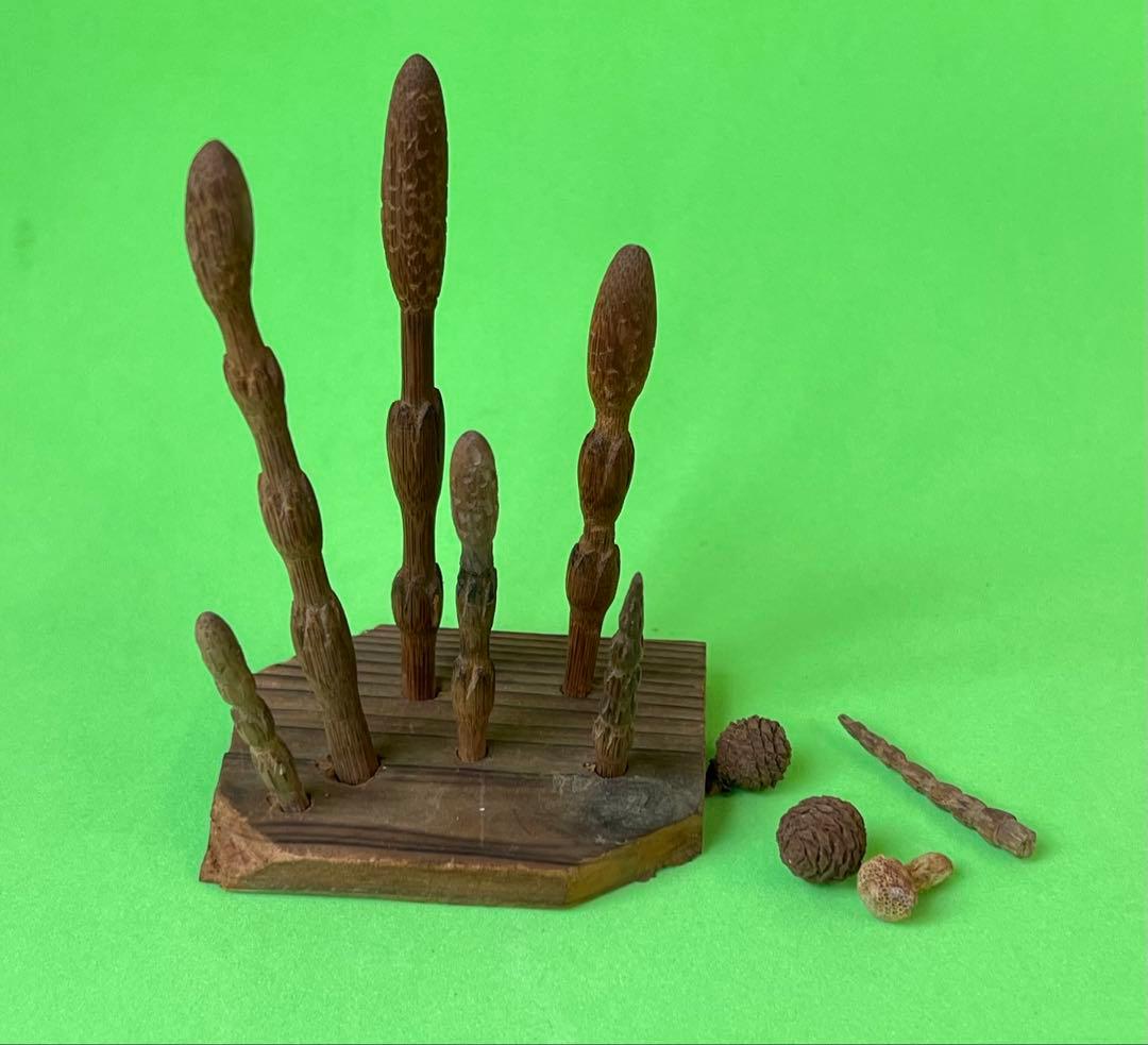 つくし狩り　ススだけ竹細工　スス竹彫刻とかごのセット 高さ10㎝