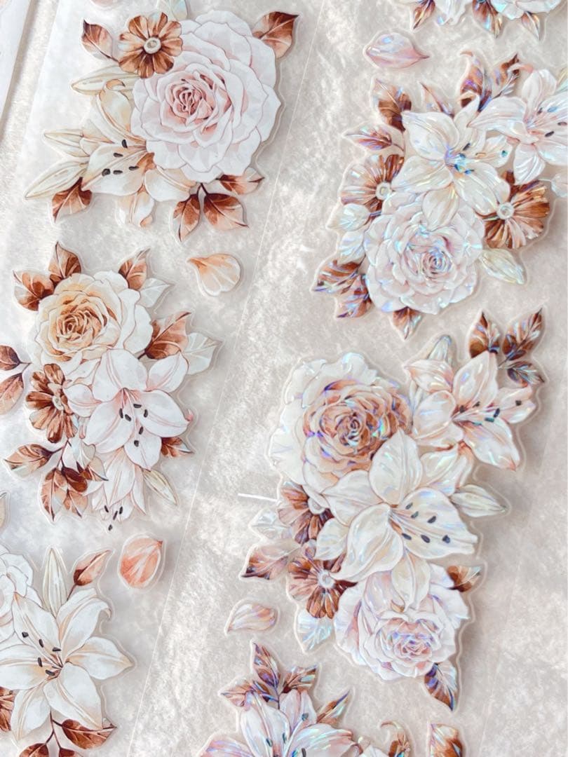 【8787】海外　マステ　5m巻売り　貝殻光カッティング　お花系　ユリ　バラ