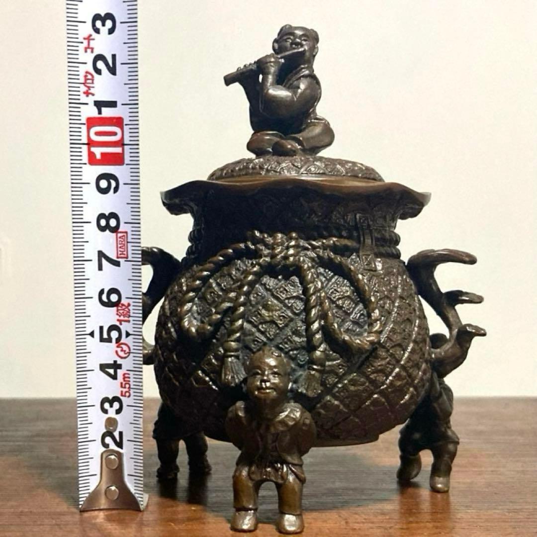 戦前 アンティーク 唐子三足香炉 裏印有り 唐子脚宝袋形香炉