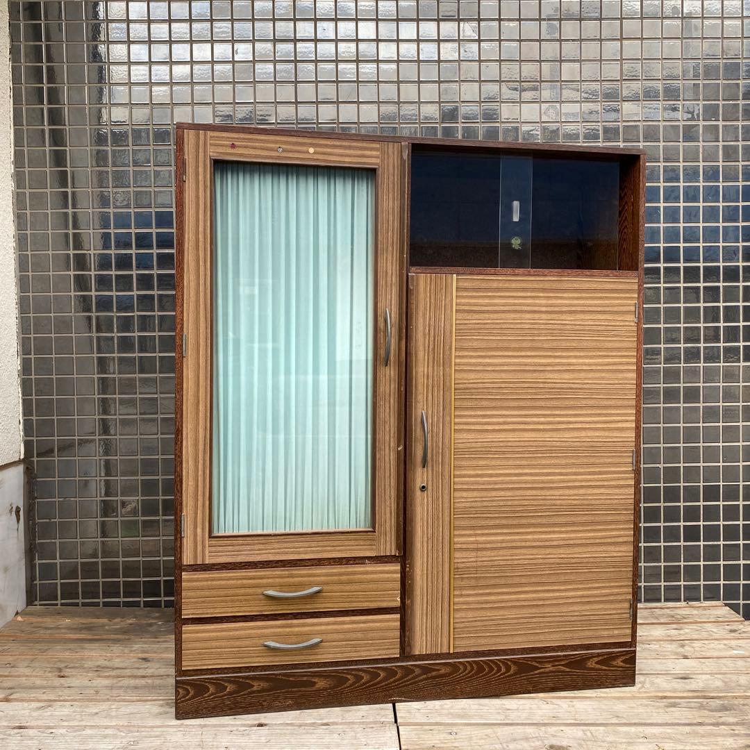 昭和レトロ 木目 飾り棚 茶箪笥 和家具 古民家 ミッドセンチュリー カーテン付