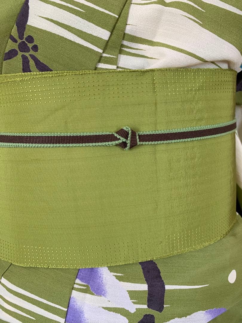 抹茶色にとんぼの柄の浴衣　夏着物と半幅帯真田紐　高級ポリエステル素材