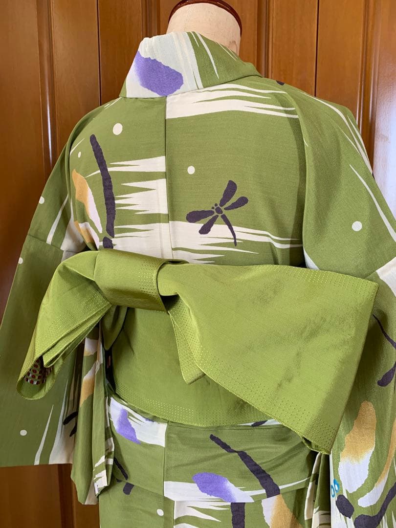 抹茶色にとんぼの柄の浴衣　夏着物と半幅帯真田紐　高級ポリエステル素材