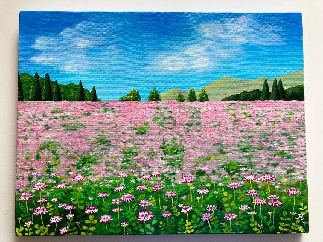 ご依頼品　花の絵　風景画　アクリル画　原画 　「レンゲ畑3」F6